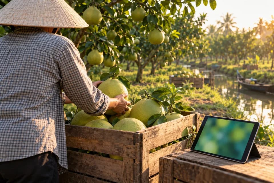 Nông dân đội nón lá đứng bên thùng bưởi trong vườn, máy tính bảng đặt trên thùng để ghi nhận ngay tại chỗ