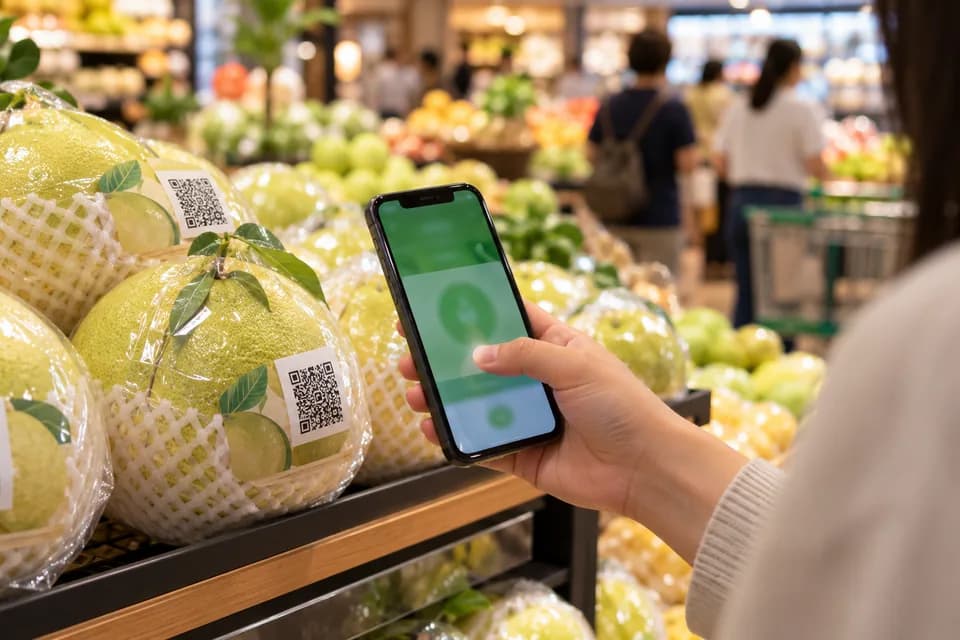 Một bàn tay cầm điện thoại quét tem mã QR trên quả bưởi bọc lưới ở quầy nông sản