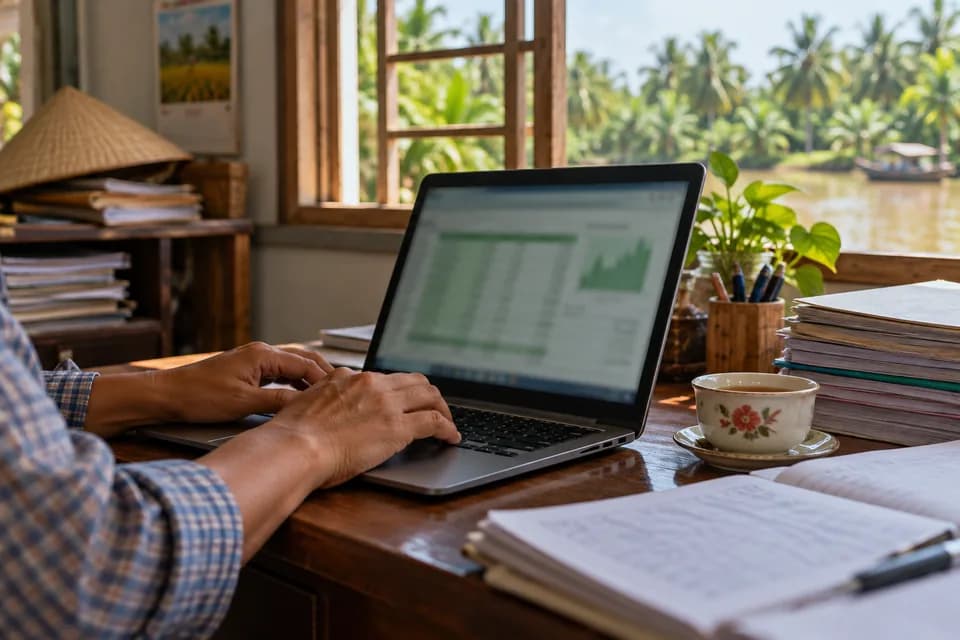 Bàn tay gõ trên máy tính xách tay hiện bảng số liệu, cạnh chồng sổ ghi chép và ly trà, cửa sổ nhìn ra vườn dừa