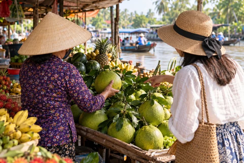 Hai người trò chuyện bên quầy trái cây ở chợ ven sông, trên quầy có bưởi, chuối và dứa