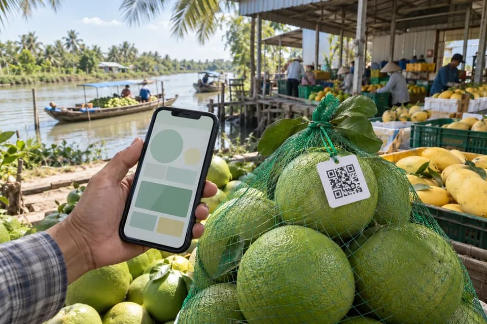 Một bàn tay dùng điện thoại quét tem mã QR trên túi lưới bưởi da xanh ở nhà đóng gói ven kênh