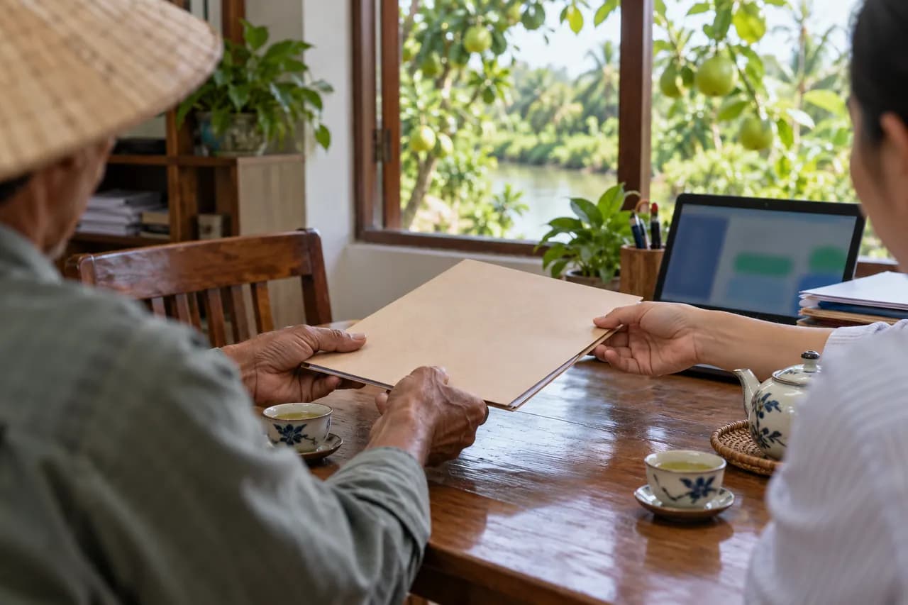 Hai người trao đổi hồ sơ qua bàn có ấm trà, cửa sổ nhìn ra vườn cây