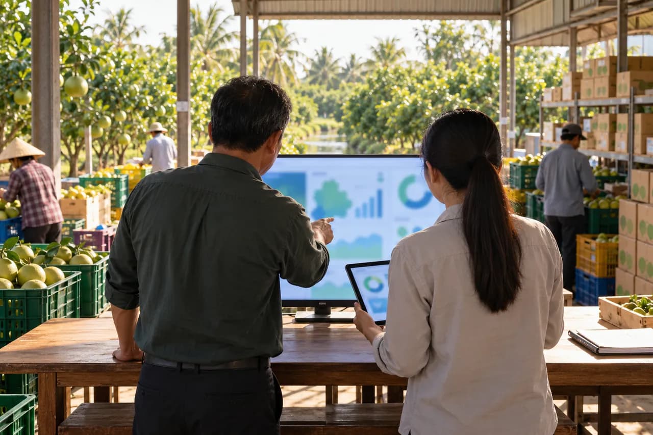Cán bộ hợp tác xã và một bạn trẻ quay lưng cùng xem số liệu trên màn hình lớn trong nhà điều hành, thùng trái cây xếp phía sau