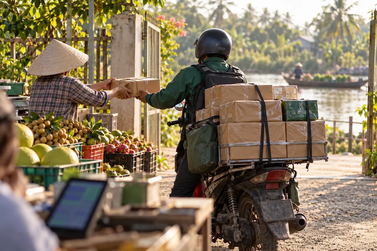 Trao kiện hàng cho người giao hàng đi xe máy ngay trước cổng hợp tác xã