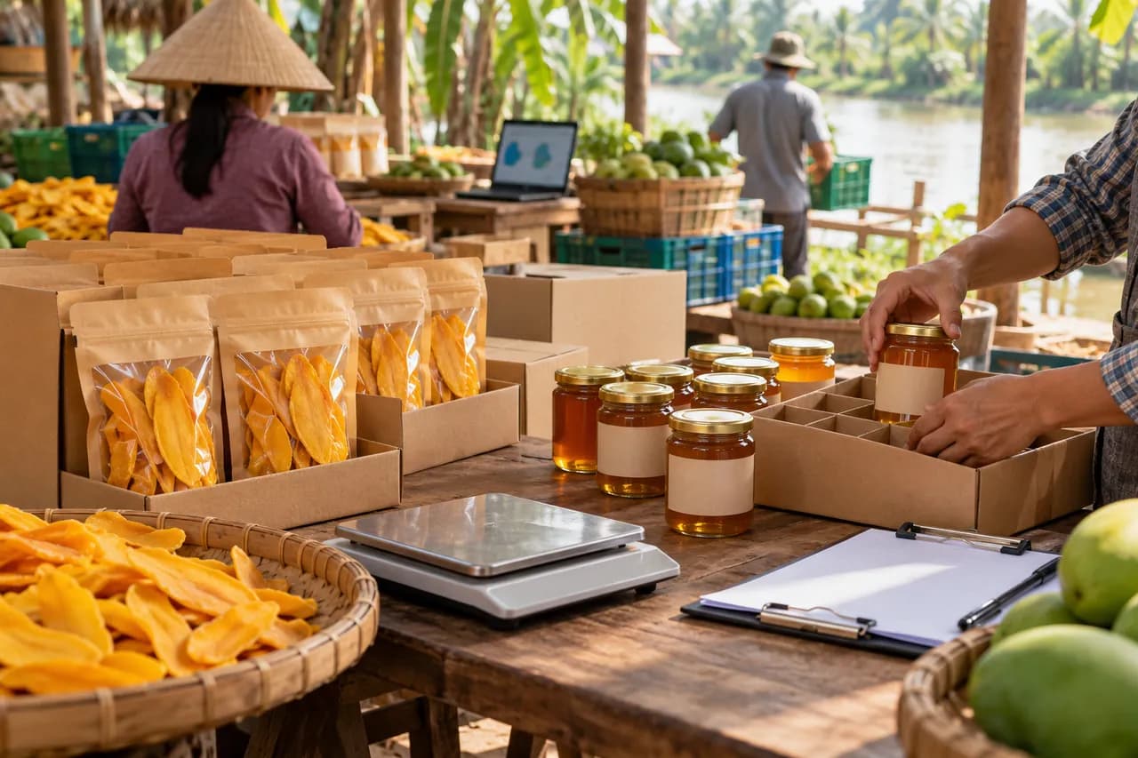 Bàn đóng gói với hộp xoài sấy, hũ mật ong chưa dán nhãn, cân nhỏ và bảng ghi chép