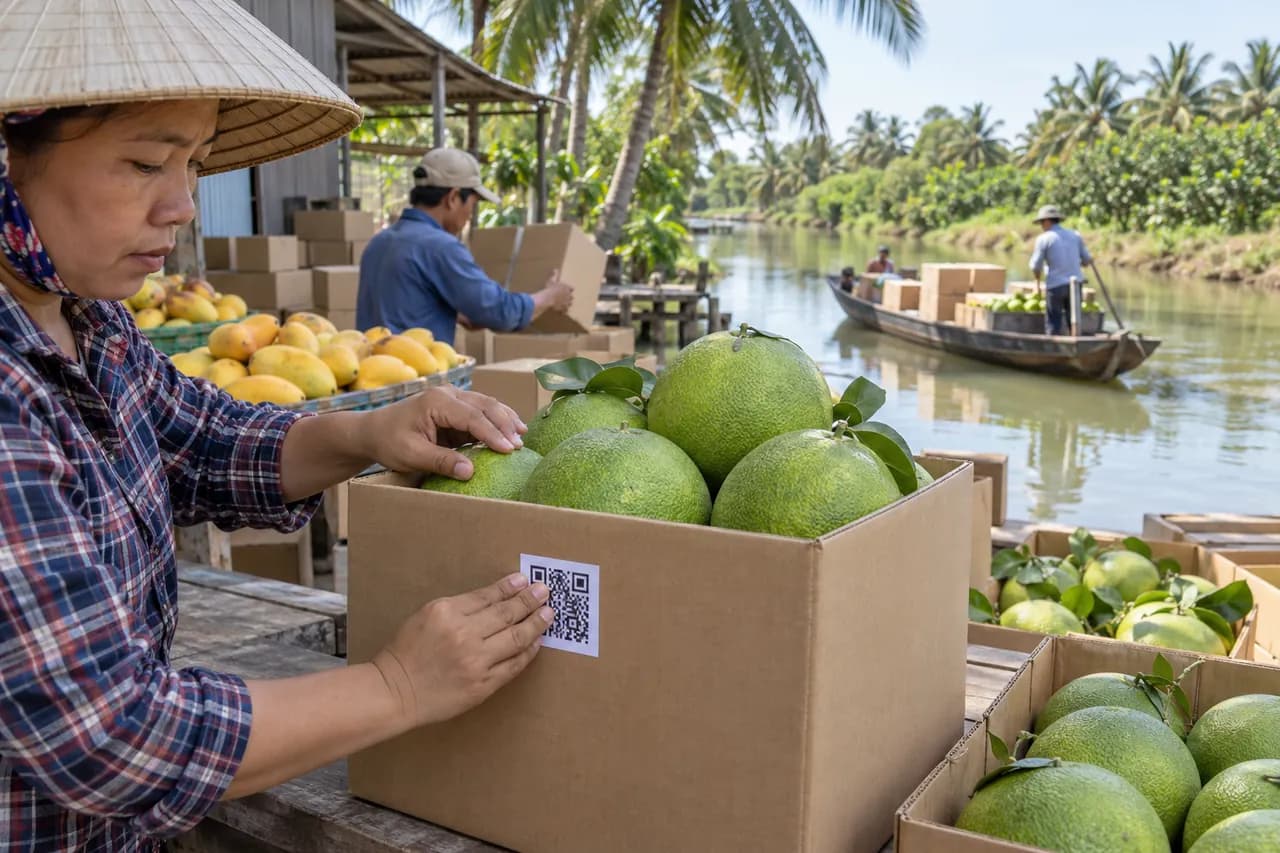 Bàn tay dán tem mã QR lên thùng bưởi da xanh, thuyền chở hàng phía sau