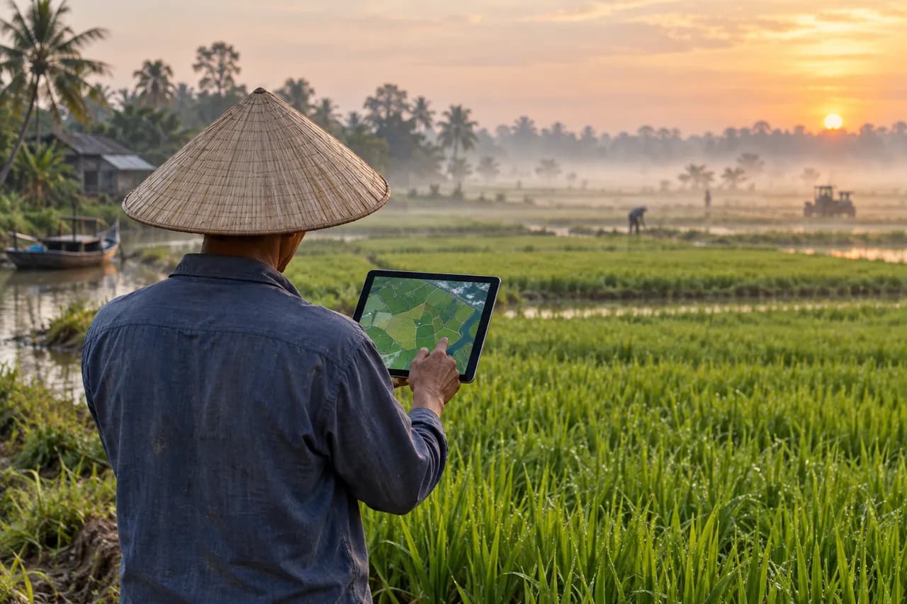 Nông dân đứng quay lưng bên ruộng lúa lúc bình minh, cầm máy tính bảng hiện bản đồ các thửa ruộng