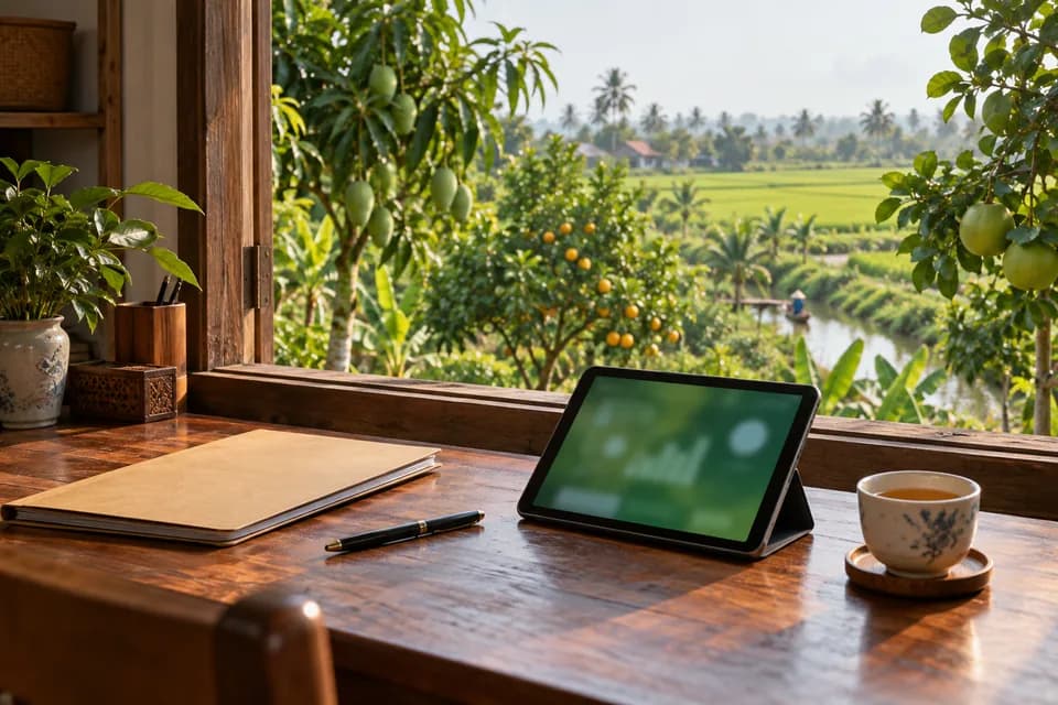Bàn làm việc gọn gàng bên cửa sổ nhìn ra vườn cây, có tập hồ sơ khép kín, bút, máy tính bảng và tách trà
