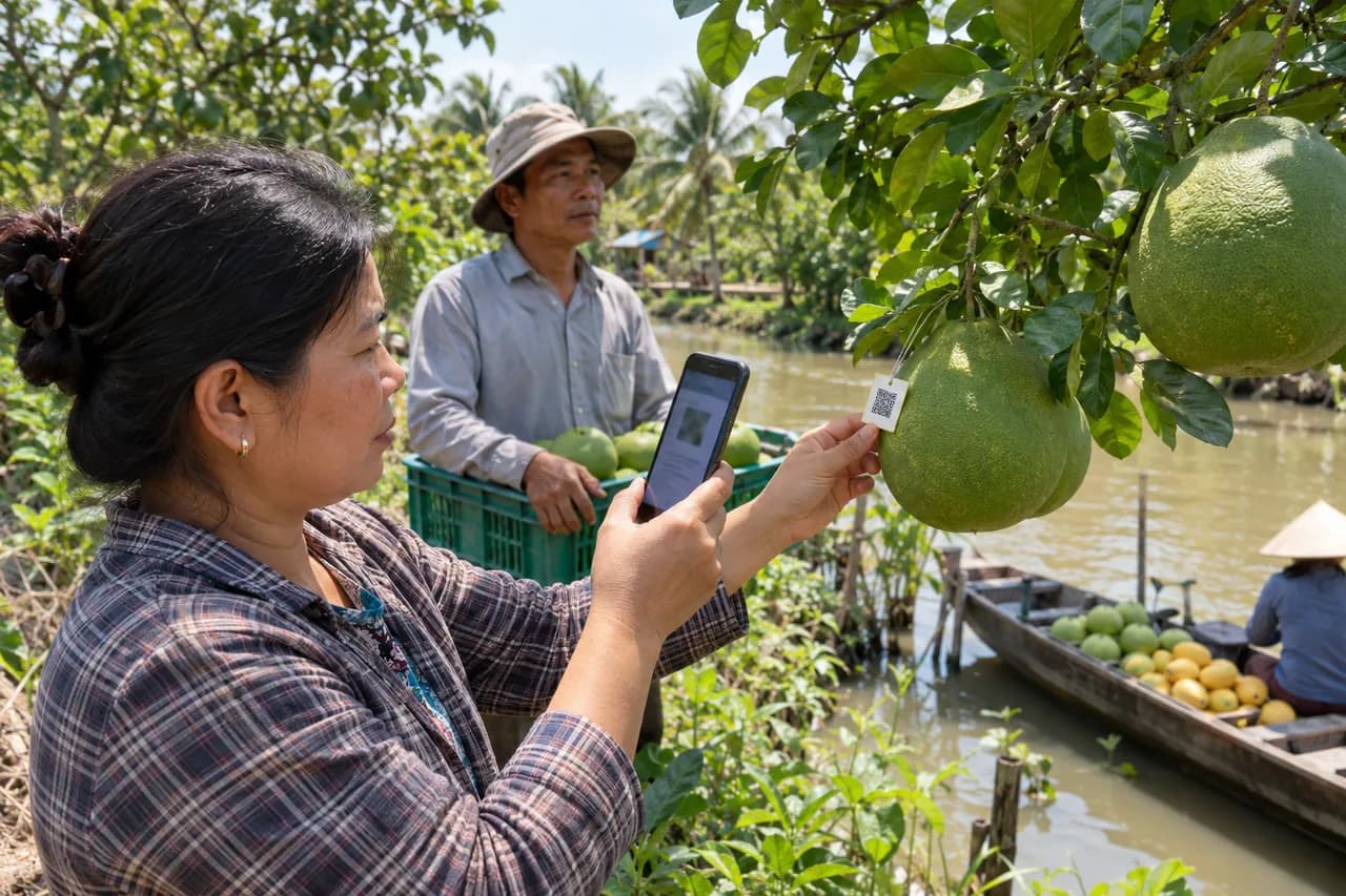 Nông dân dùng điện thoại kiểm tra tem mã QR treo trên cành bưởi ở vườn cạnh kênh