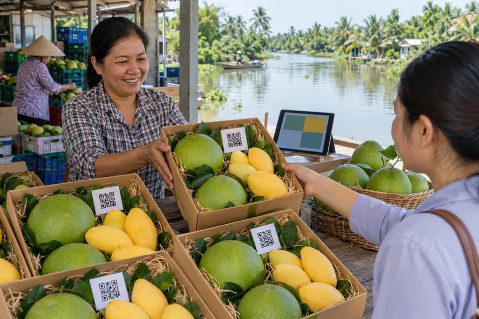 Quầy trái cây ven kênh với các hộp xoài và bưởi, mỗi hộp kèm thẻ mã QR