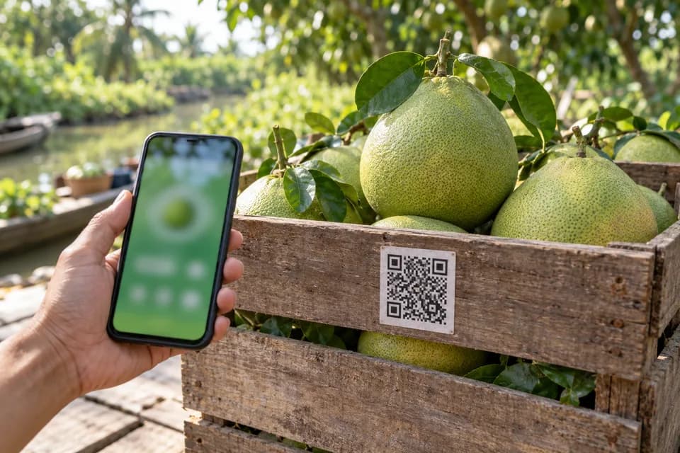 Một bàn tay cầm điện thoại quét tem mã QR trên thùng trái cây