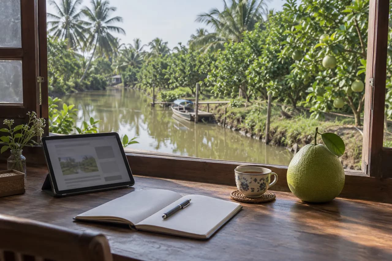 Sổ tay để mở, bút, tách trà, máy tính bảng và một trái bưởi trên bàn gỗ bên cửa sổ nhìn ra kênh và vườn bưởi