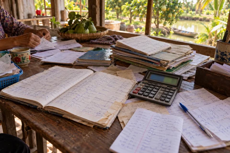 Bàn gỗ ngổn ngang sổ ghi chép, giấy rời và máy tính bấm trong nhà vườn