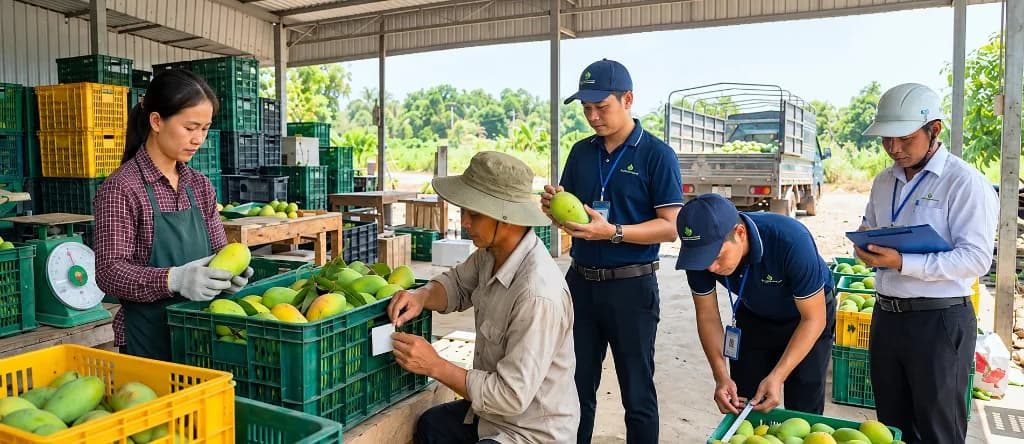 Cán bộ hợp tác xã kiểm tra, ghi chép và nghiệm thu chất lượng trái cây tại điểm tập kết
