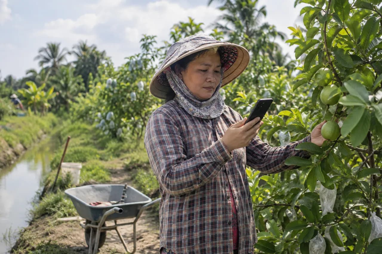 Nông dân ghi nhận việc chăm sóc cây bằng điện thoại trong vườn
