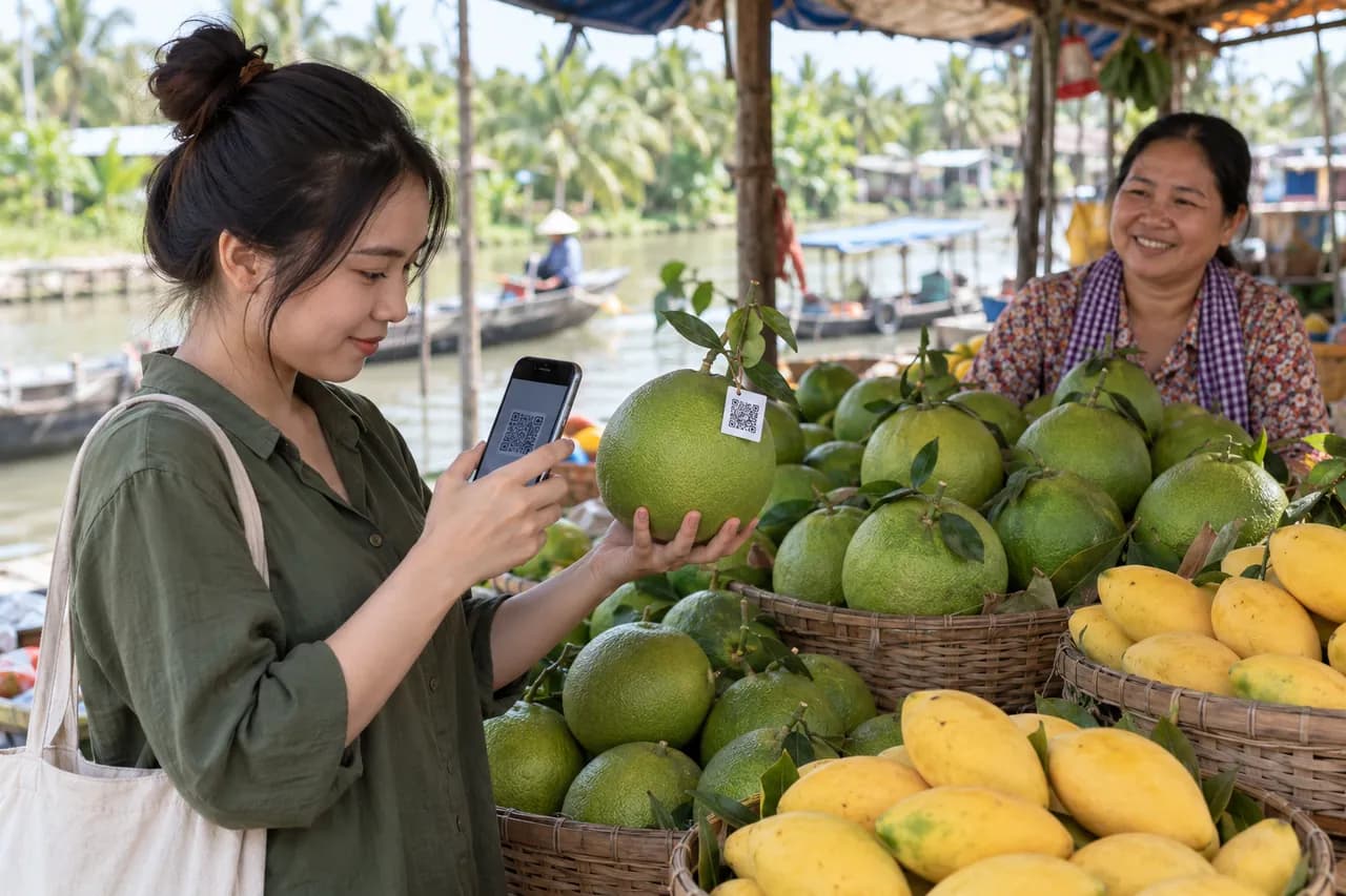 Người mua dùng điện thoại quét mã QR trên trái bưởi để tra cứu nguồn gốc ở chợ ven kênh