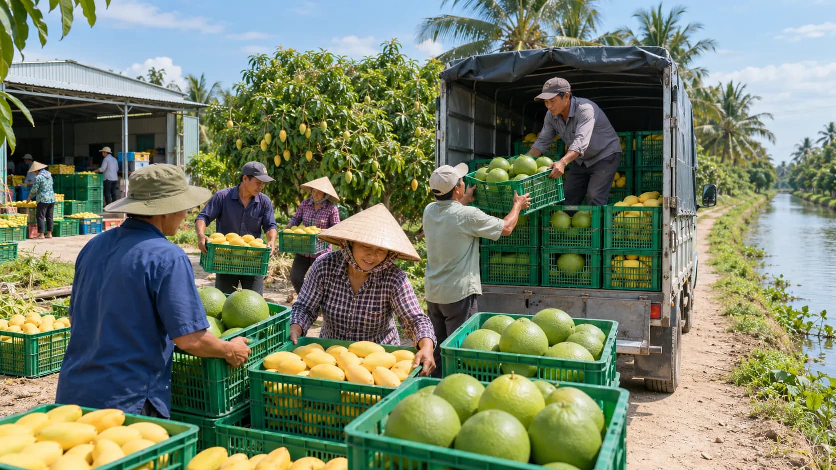 Các sọt bưởi và xoài được xếp lên xe tải ngay tại vườn để chuyển đi tiêu thụ