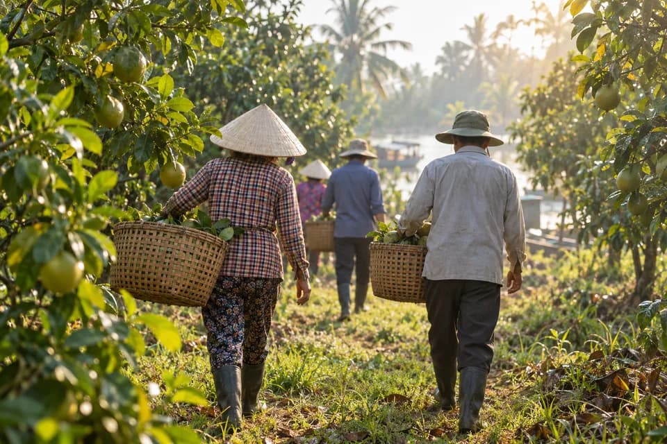 Các thành viên hợp tác xã gánh giỏ đi dọc lối đất giữa vườn cây buổi sáng
